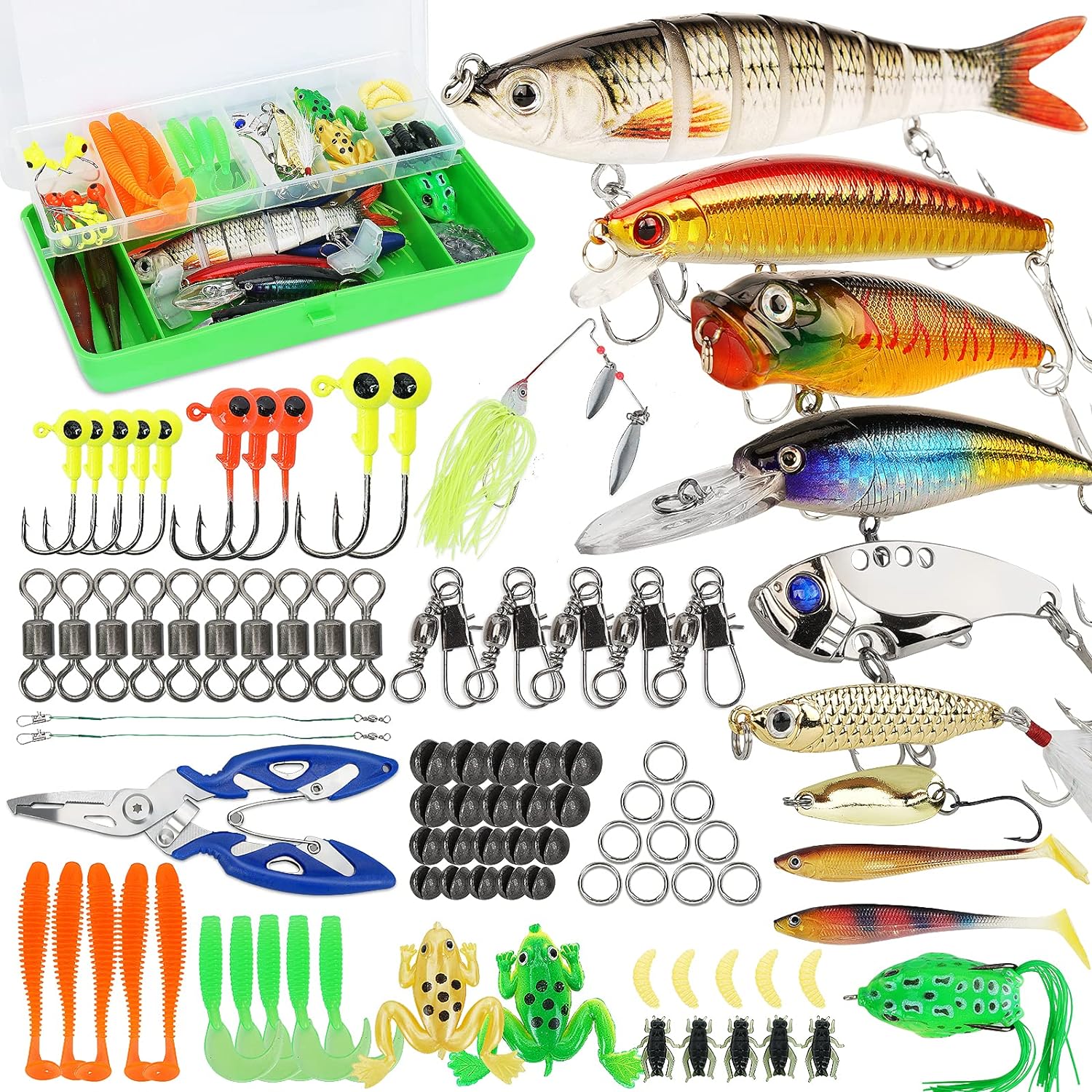 Fishing Lures Tackle Box Bass Fishing Kit Including Animated Lure,Crankbaits,Spinnerbaits, (92 Pcs)