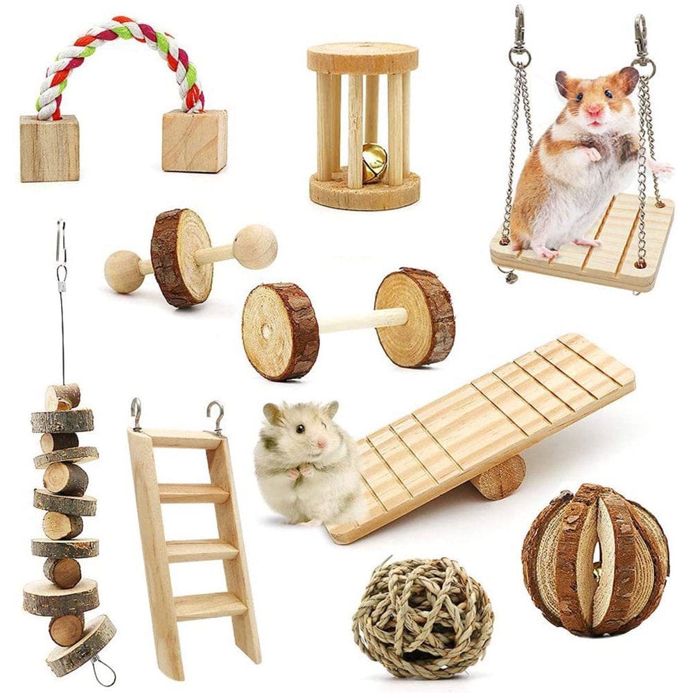 10Pcs Bunny Chew Toys for Teeth Wooden Blocks Seesaw Ladder Seagrass Ball Swing for Rabbit Chinchilla Hamster Guinea Pig