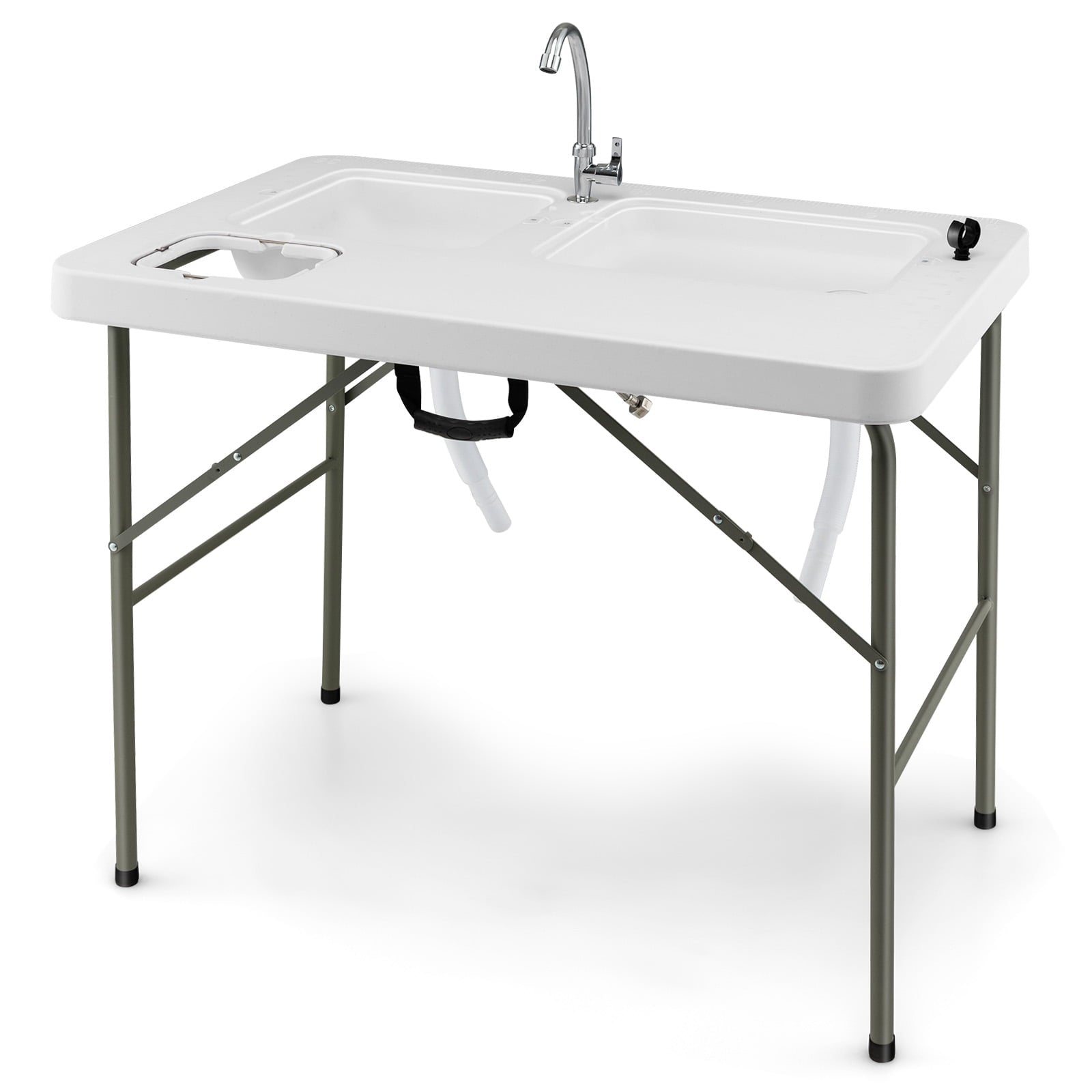 Coelon Portable Fish Cleaning Table, Folding Camping Table w/ 2 Sinks & Rotatable Faucet White