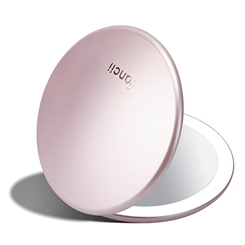 Fancii LED Lighted Travel Makeup Mirror, Rechargeable with 10x/1x Magnifying & 3 Light Settings - Compact, Portable, Large 5” Wide Hand Mirror for Handbag and Purses (Rose Gold)