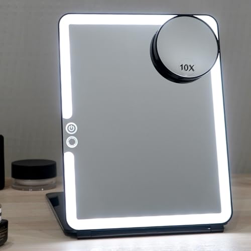 FUNTOUCH Rechargeable Large Travel Makeup Mirror with Lights, 3 Color Lighting, Portable Lighted Makeup Vanity Mirror with 10X Magnifying Mirror, Dimmable Ultra Slim Mirror Travel Essential Gifts