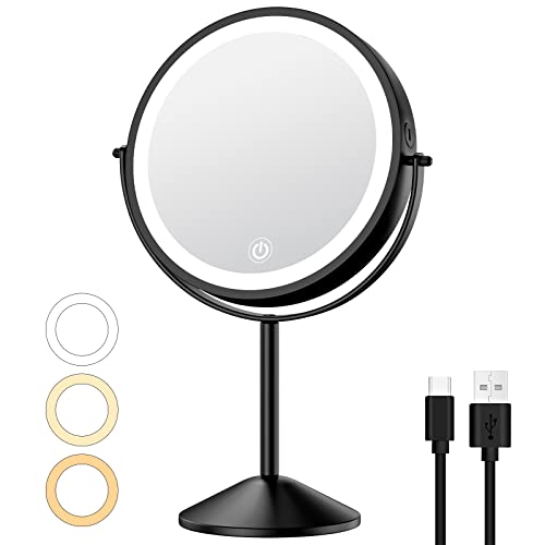 Anfauny 8” Lighted Makeup Mirror - Rechargeable Double Sided 1X/10X LED Magnifying Vanity Mirror with 3 Color Lights & Stepless Dimming - 360° Swivel Touch Screen Cordless Light up Cosmetic Mirror