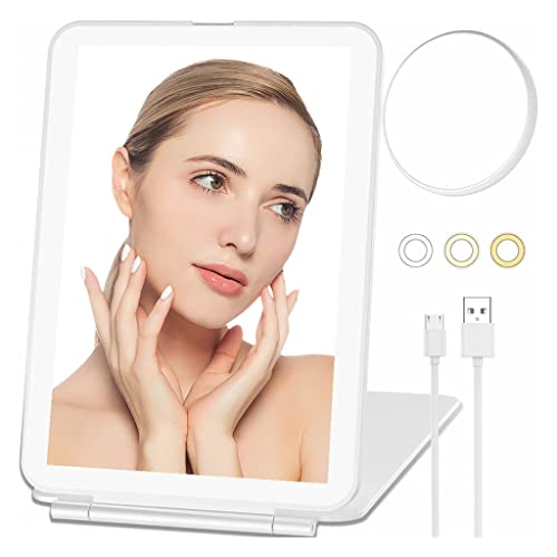 FOME Travel Makeup Mirror with 56 LEDs Lights, Travel Makeup Vanity Mirror with 1x/10x Magnification Touch Screen Dimmable Lighting Rechargeable Folding Mirror for Handbag