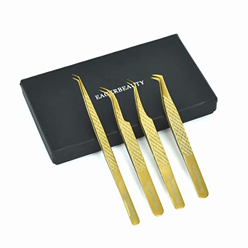 Eyelash Extension Tweezers Stainless Steel Straight Curved Volume Round Lash Tweezers Set for Eyelash Extension Professional Golden (Golder)