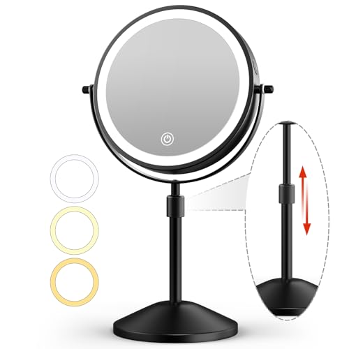 ESWU Lighted Makeup Mirror, 1X/10X Magnifying Double Sided Mirror, 360° Swivel Light up Mirror with 3 Color Lights, Adjustable Brightness & Height Rechargeable LED Vanity Mirror, Black