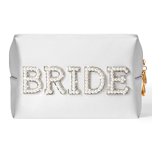 Belanttega Bride to be Patch Pearl Rhinestone Bag Cosmetic Travel Toiletry Bag Letter Large White Makeup Bag Portable Purse for Women Makeup Bridal Shower Gift Engagement Bachelorette Party Favors