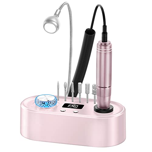 Electric Nail Drill Machine, 40000RPM Professional Efile Nail Drill Kit for Gel Acrylic Nails,High Speed Low Vibration Low Heat Nail Grinding with LED Light, 7 Bits, F/R Rotation, LCD Screen (Pink)