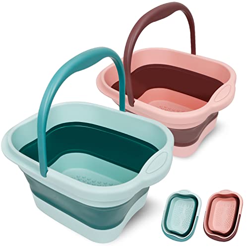 Foot Bath 2PCS Collapsible Foot Soaking Tub with Handle Massage Nodes Foot Soaking Bath Basin Portable Multifunction Bucket for Soaking Feet Home Foot Spa(Blue&Pink)