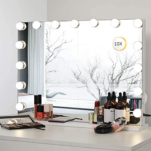 FIOHOME 22.8"x 18.1" Vanity Mirror Makeup Mirror with Lights,10X Large Hollywood Lighted Vanity Mirror with 15 Dimmable LED Bulbs,3 Color Modes,Touch Control for Bedroom,Tabletop or Wall-Mounted