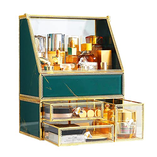 CoralHouse Makeup Organizer, Makeup Organizer For Vanity,Cosmetics Skincare Organizers With Lid And Drawers,Luxury Storage Tempered Glass Make Up Organizers And Storage,Vintage Green