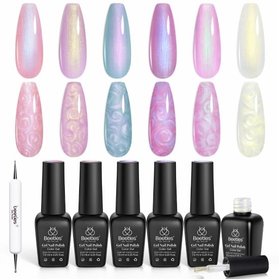 Beetles Pearl Gel Nail Polish, 6 Colors Shimmer Pearl White Pink Purple Mermaid Nail Drawing Gel Polish Soak Off Uv Led Gel Polish Swirl Shell Thread Effect DIY Manicure Gift for Girls