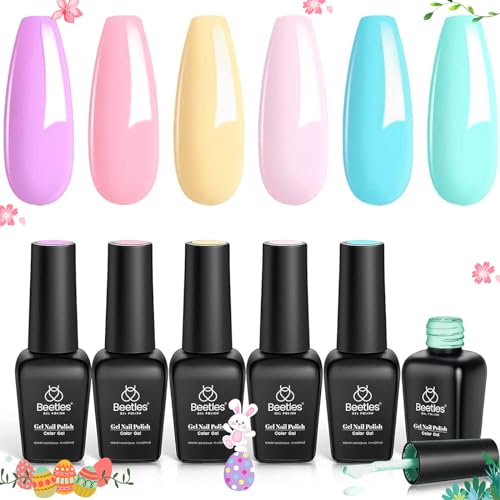 Beetles Pastel Gel Nail Polish Kit-6 Pcs Pastel Pink Nude Gel Polish Gel Polish Pastel Yellow Blue Gel Polish Soak Off Uv Nail Lamp Purple Easter Gel Polish Gifts for Spring Women Manicure Kit
