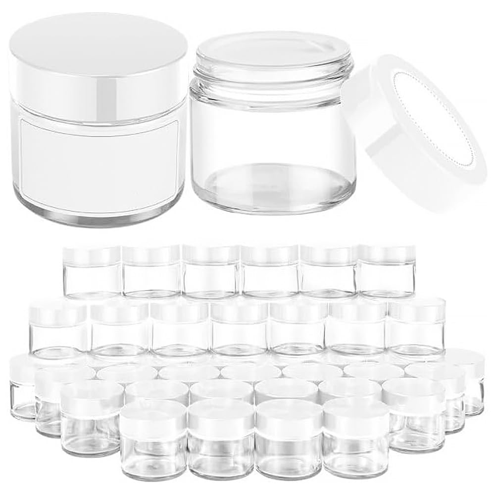 Bumobum 2 oz Glass Jars with Lids, 48 pack Clear Round Small Containers with White Lids, Blank Labels & Inner Liners, Empty Cosmetic Containers for Sample, Powder, Cream