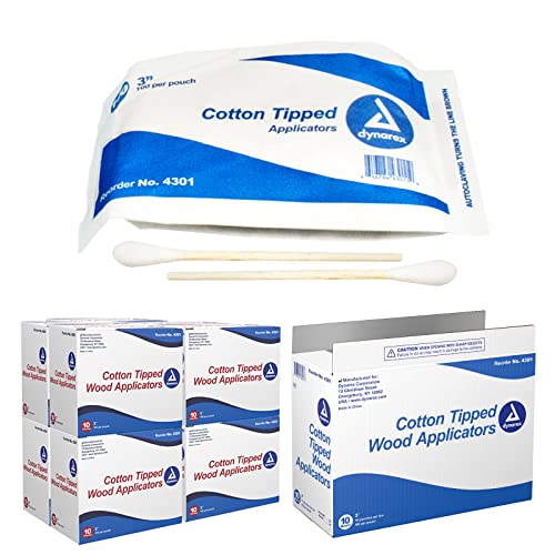 Dynarex 3-Inch Non-Sterile Cotton Tipped Applicators - Single-Use Wooden Cotton Tip Applicators for Wound Care, Hygiene, Makeup, Cleaning, Jewelry - 1000 per Box, 10 Boxes