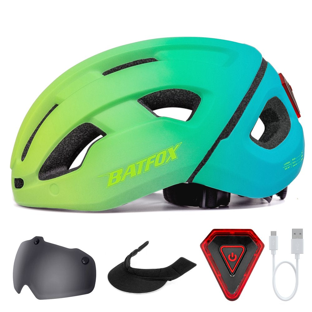 BATFOX Adults Mens Womens Bicycle Bike Helmet Casco De Bicicleta Street Urban Commuter Road Cycling Helmets with Rechargeable Led Light Visor Portable Backpack (Gradient Blue-Eye Shield+Sun Visor)