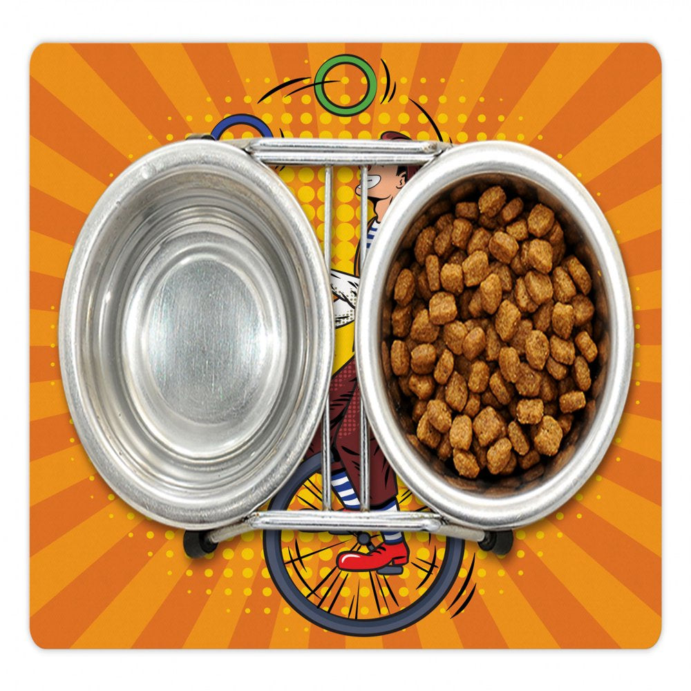 Circus Pet Mat for Food and Water, Disc Juggler Man on Unicycle Comic Book Inspired Design on Pop Art Rays, Non-Slip Rubber Mat for Dogs and Cats, 18" X 12", by Ambesonne