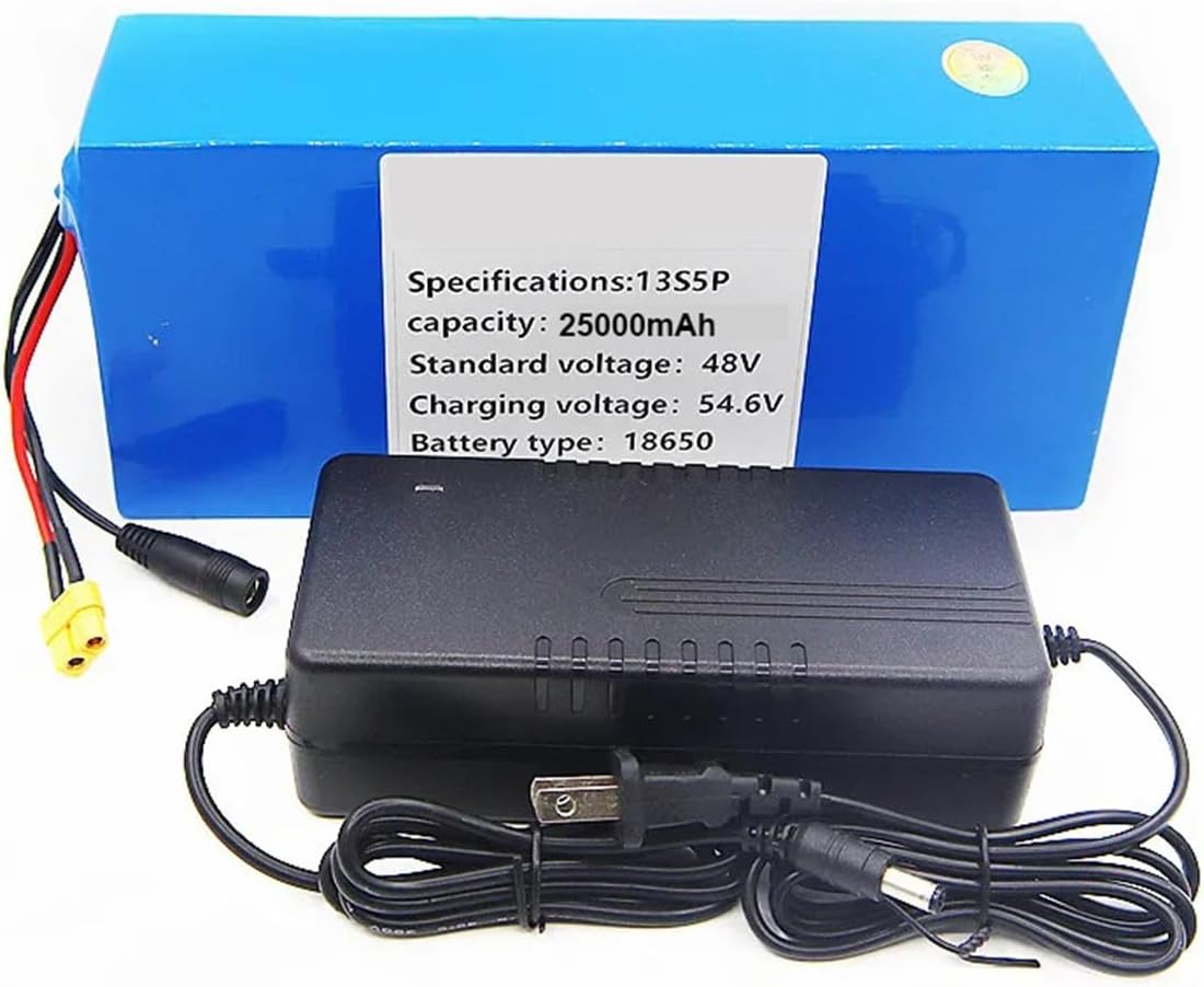 48V 25Ah Electric Bicycle Battery,48V 13S5P Lithium Battery Pack,Built-in 30A BMS + 54.6V Charger,Suitable for 250-1200W Electric Mountain Bike Motor