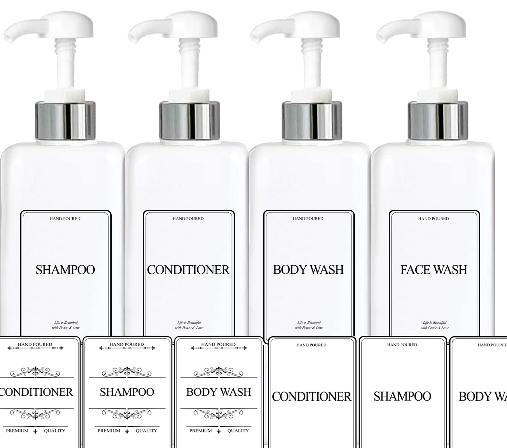 Empty Plastic Pump Bottles Square Shampoo Bottle Conditioner Soap Lotion Refillable, BPA Free for Body Wash, Moisturizer, Face Cream, Liquid Hand Soap, Self-Tanner, Set of 3 (3pack, SilverWhite)