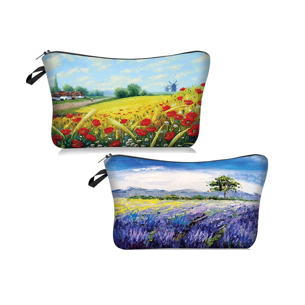Evergoo 2 Pieces Funny Cosmetic Pouch for Women, Allover Printed Small Zipper Pouches Adorable Makeup Bags Roomy Toiletry Pouch Travel Accessories Organizer Gifts (Scenery Painting)