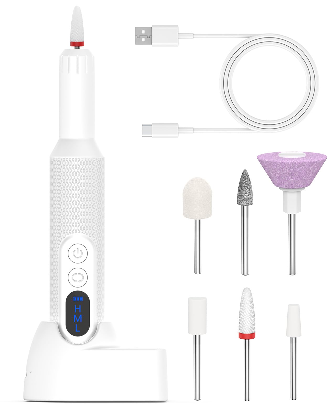 Electric Nail Drill,USB Electric Nail Drill Machine for Acrylic Nail Kit,Portable Electric Nail File Polishing Tool Manicure Pedicure Kit (White)