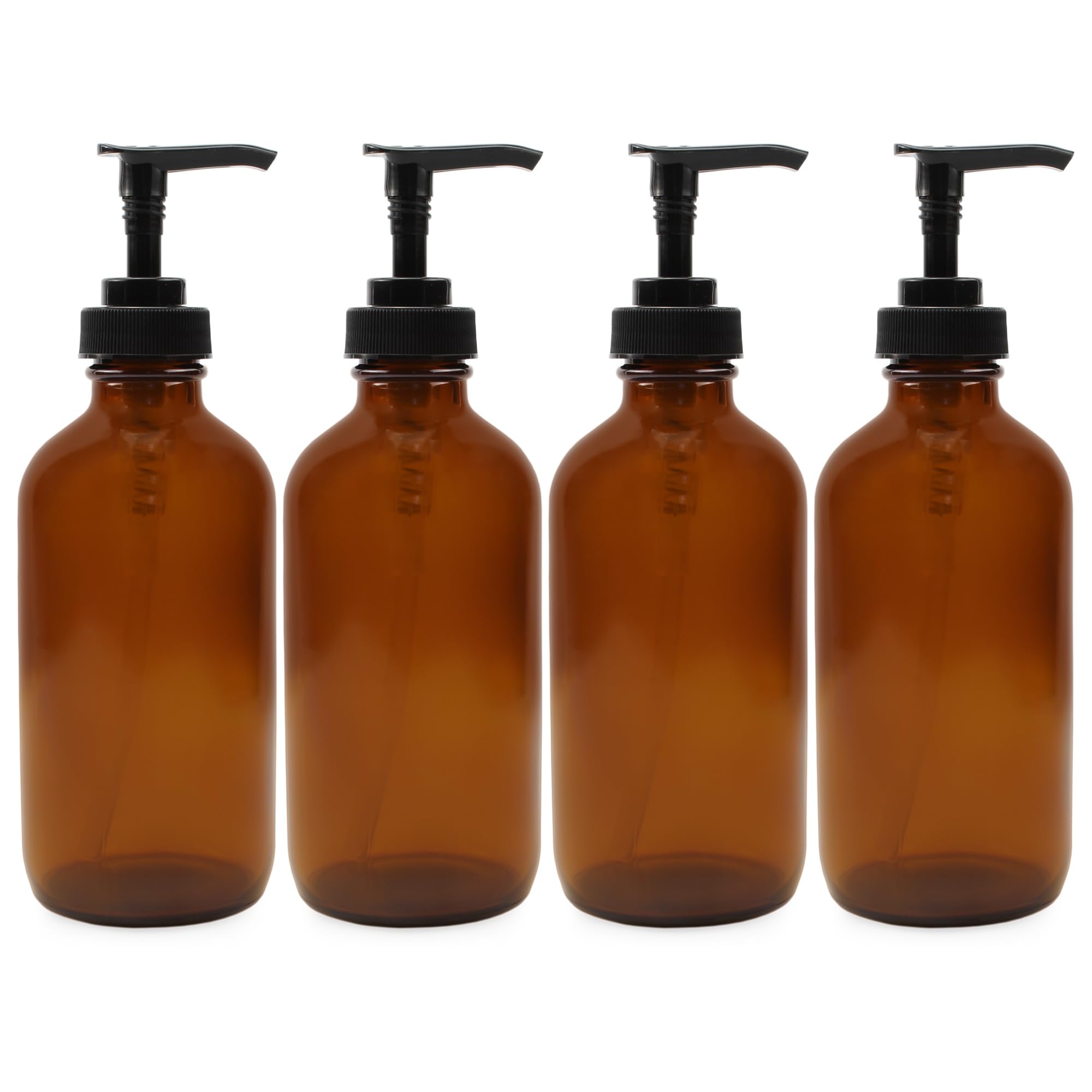 Cornucopia 8oz Glass Pump Bottles (4-Pack, Amber Brown), Lotion Soap Dispeners w/Black Plastic Pumps