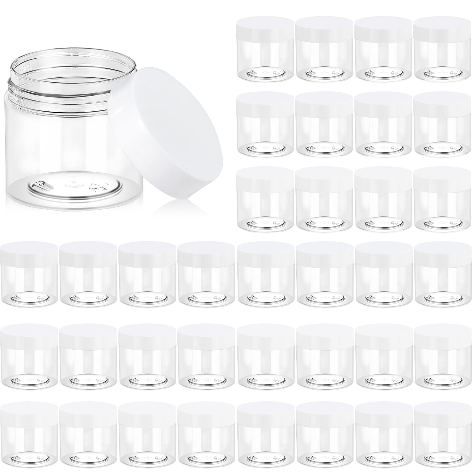 36 Pack 2 OZ Plastic Jars Round Clear Cosmetic Container Jars with White Lids, Eternal Moment Plastic Slime Jars for Lotion, Cream, Ointments, Makeup, Eye shadow, Samples, Pot, Travel Storage