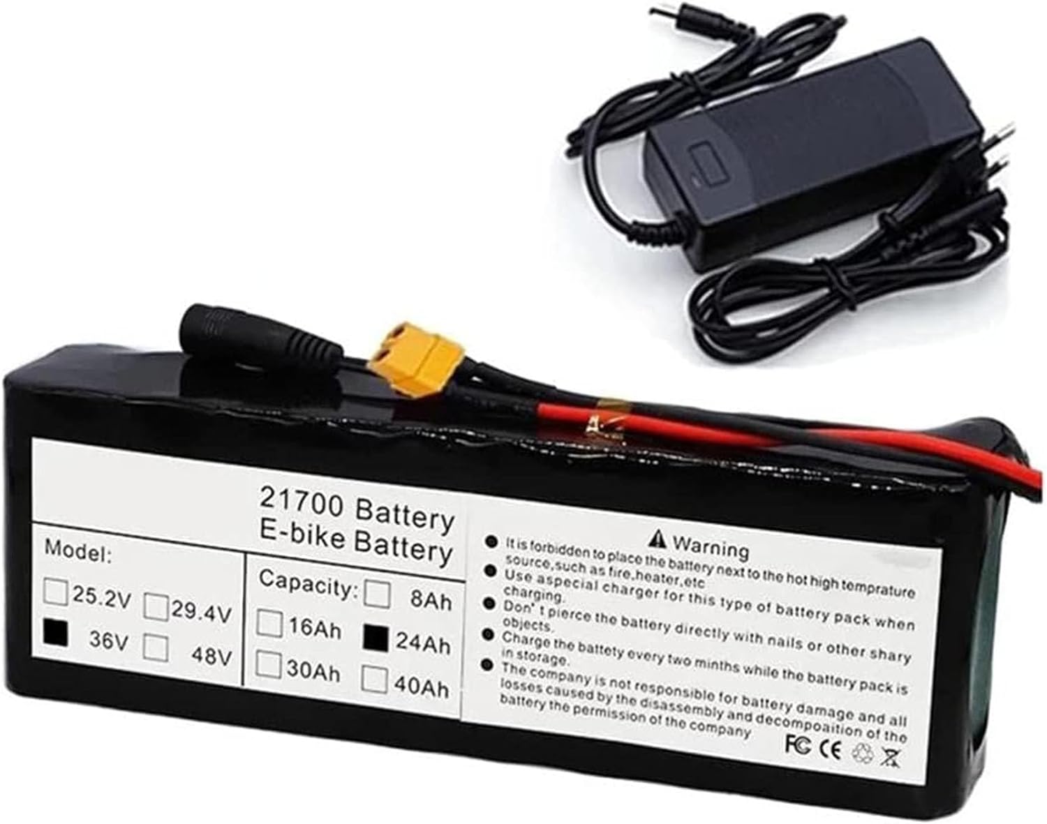 36V 24Ah Lithium Ion Battery Pack, 13S3P Electric Bike Scooter Battery, for 200W to 1000W Motor, with BMS + 42V 2A Charger