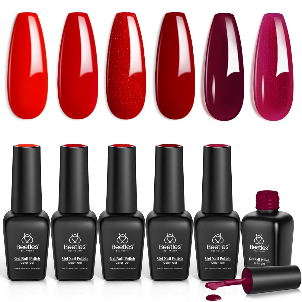 Beetles Red Gel Nail Polish Set - 6 Colors Bloody Mary Collection Popular Shimmer Red Burgundy Gel Polish Kit Nail Art Design Soak Off Uv LED Gel Nail Kit Minicure DIY Home Beetles Gift