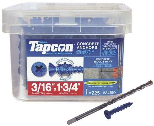 Tapcon 24555 Concrete Anchors, 3/16" x 1-3/4", 225 Piece