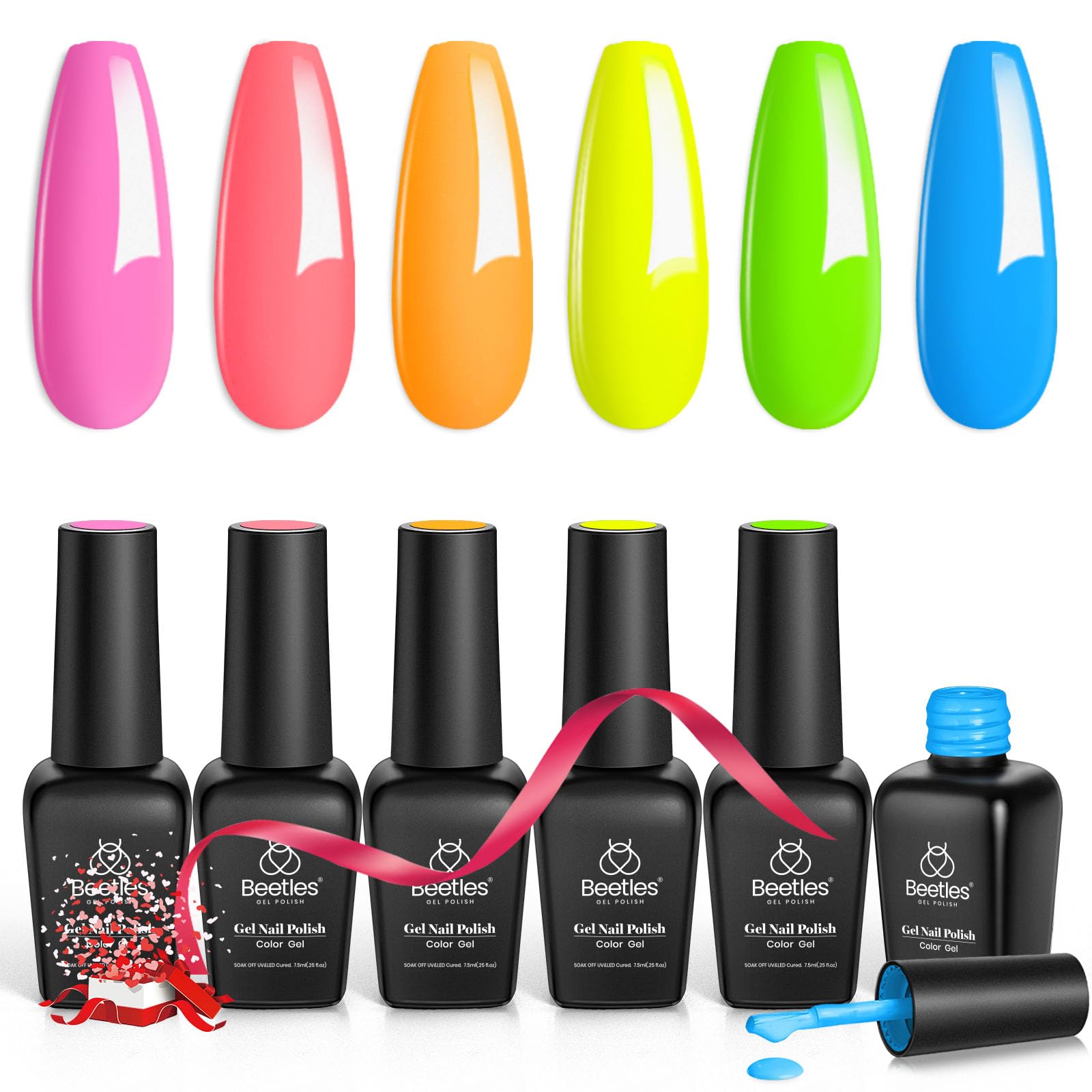 Beetles Neon Gel Nail Polish Set, Neon Light Collection 6 Colors Hot Pink Blue Yellow Green Soak Off UV LED Bright Gel Nail Polish Kit Gift for Women