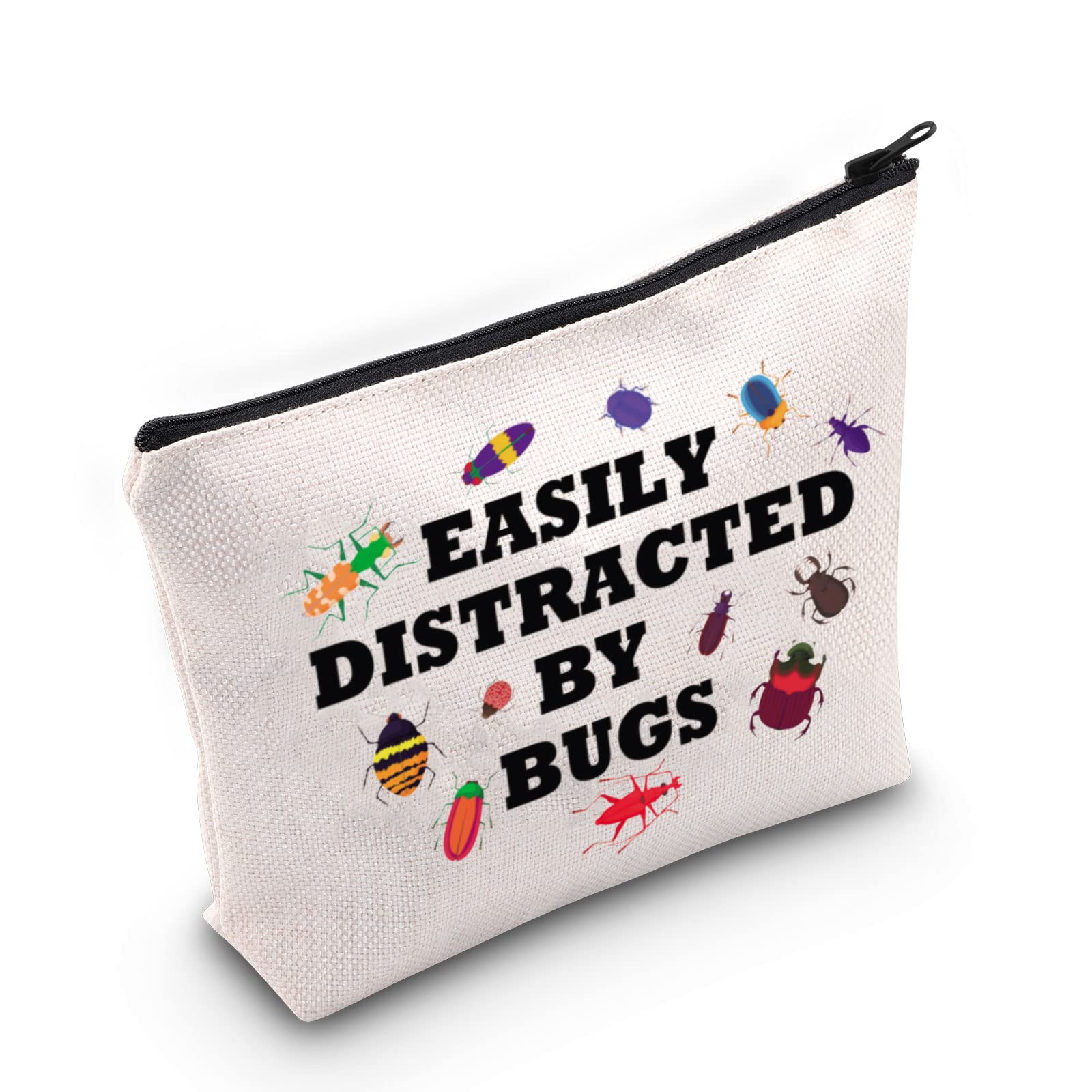 G2TUP Bug Insect Gift Easily Distracted By Bugs Makeup Bag Bug Lover Cosmetic Bag Entomologist Gift Insect Collector Gift Zipper Travel Bag (Easily Distracted By Bugs White Bag)