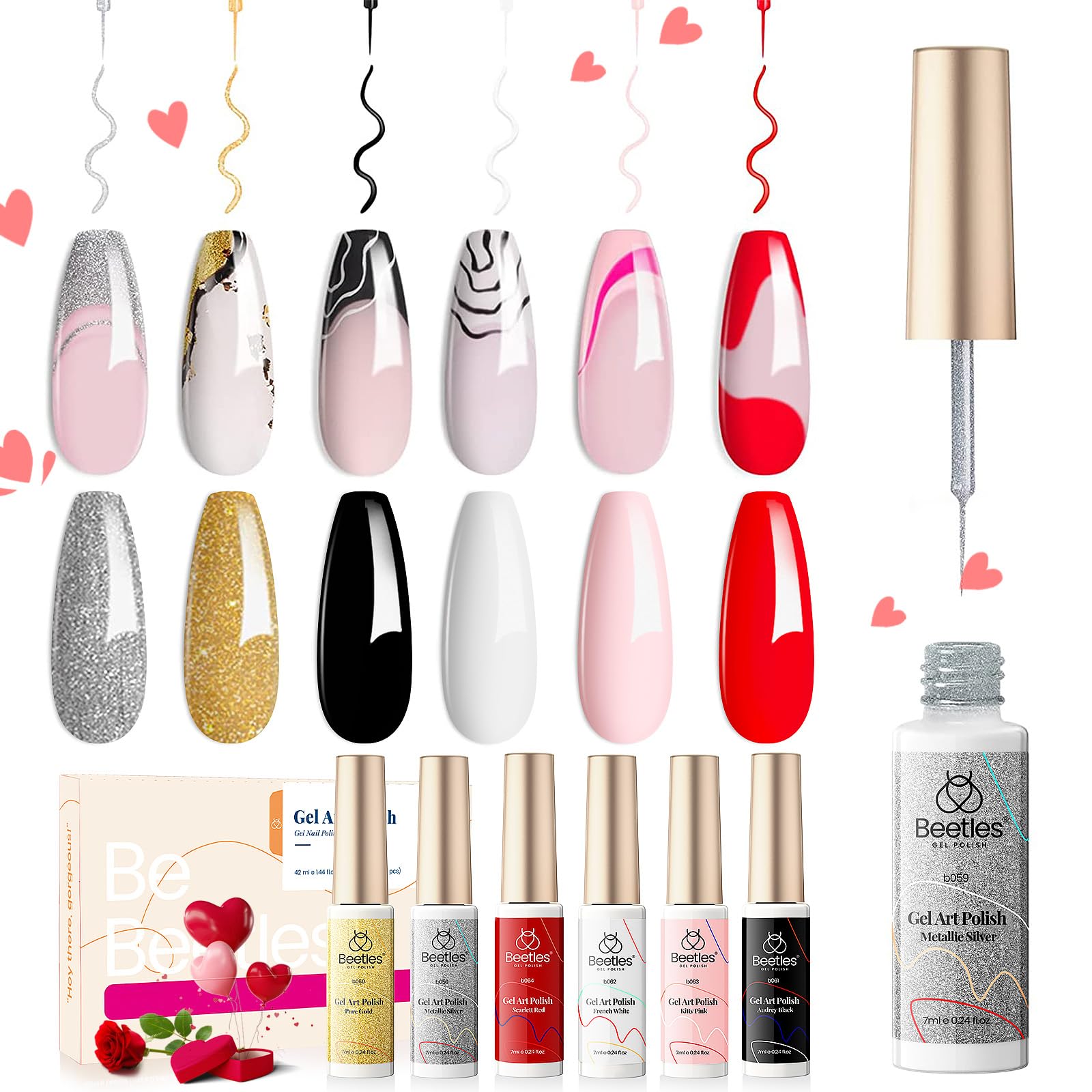 Beetles Gel Polish 6 Pcs Black White Red Gold Silver Glitters Colors Paint Swirl Built Thin Brush in Bottle Soak off Uv Led Lamp Nail Art Liner Gel Polish Set