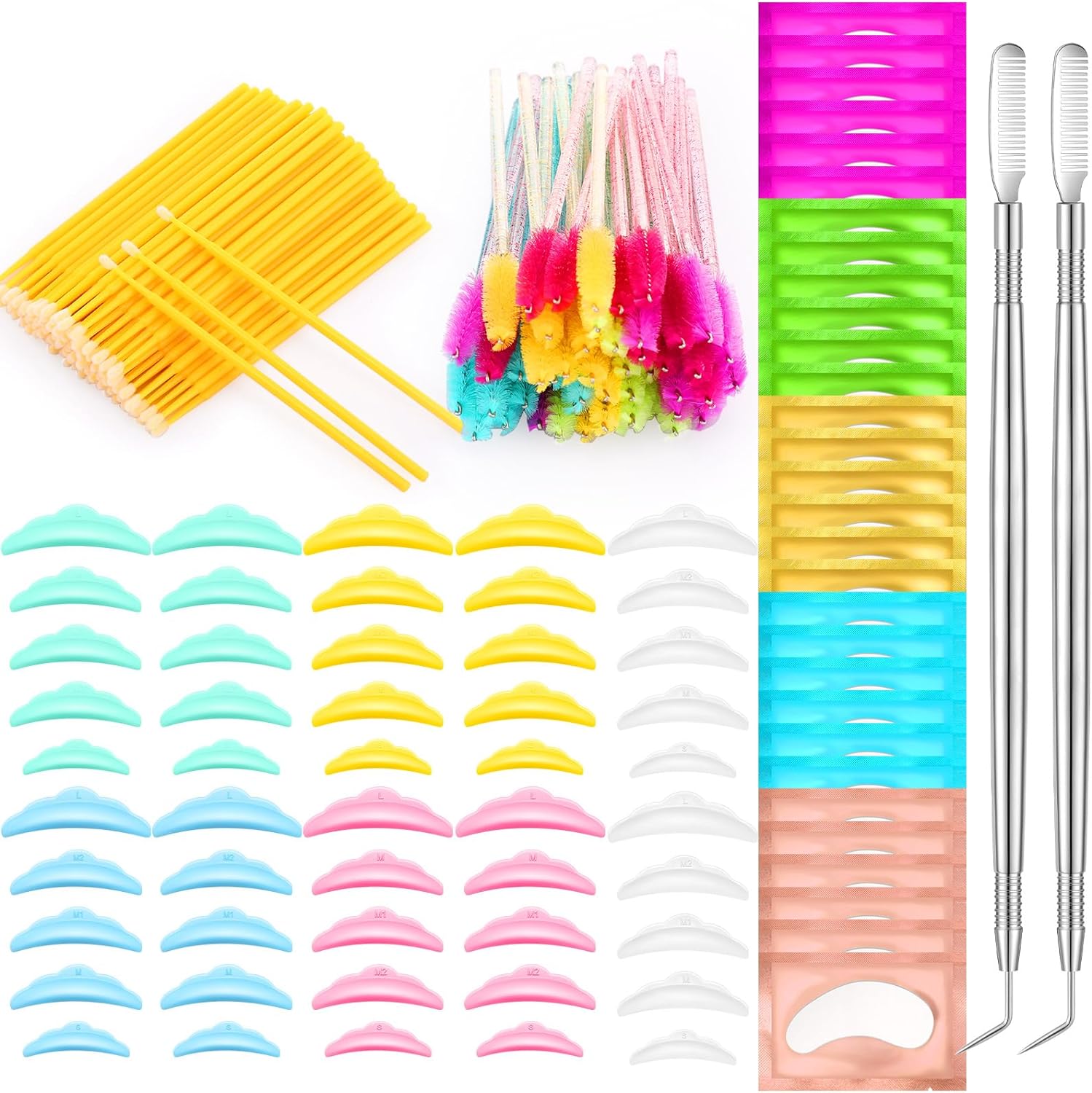 232 Pcs Lash Lift kit, 50 Lash Lift Rods Silicone Eyelash Pads 2 Eyelash Separator Tool with Separation Comb 100 Micro Swabs 50 Crystal Mascara Brushes 30 Pairs Eye Pads (Multicolored)