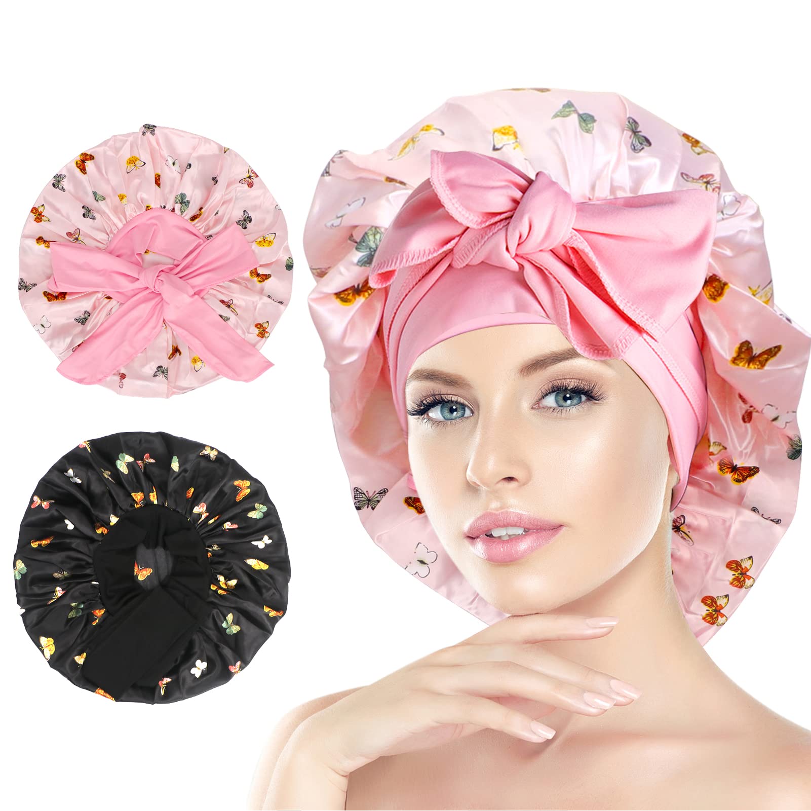 Arqumi Pack of 2 Satin Sleeping Bonnet, Large Satin Sleep Bonnet, Long Strap, Adjustable Sleep Cap Hair Bonnet with Butterfly Pattern, Black+Pink
