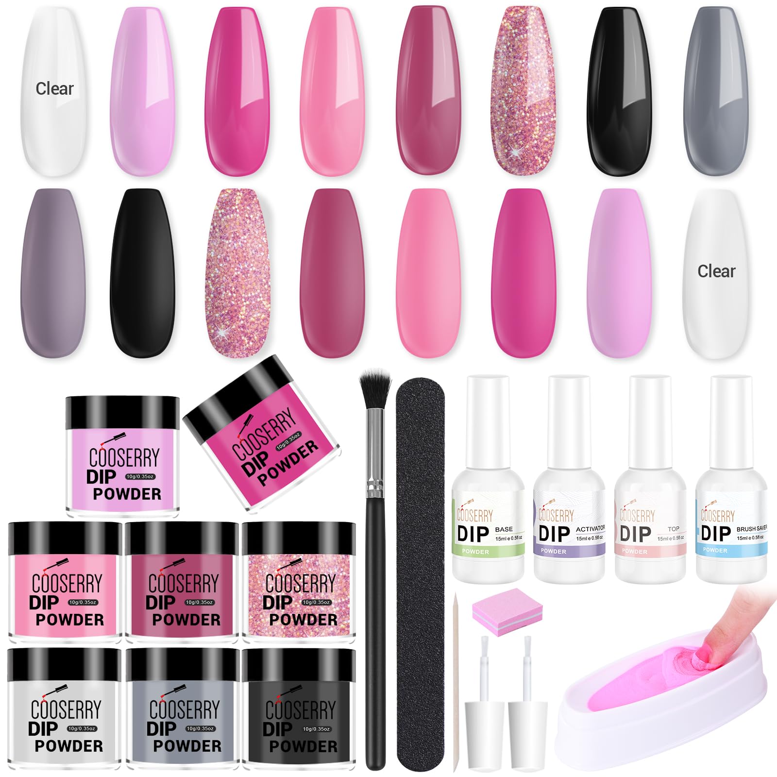 Cooserry Dip Nails Powder Starter Kit: All-Season 8-Color Dipping Powder Set - White Brown Champagne Glitter Dip Powder Nail Kit with Essential Base & Top Coat Activator Brush Saver Liquid