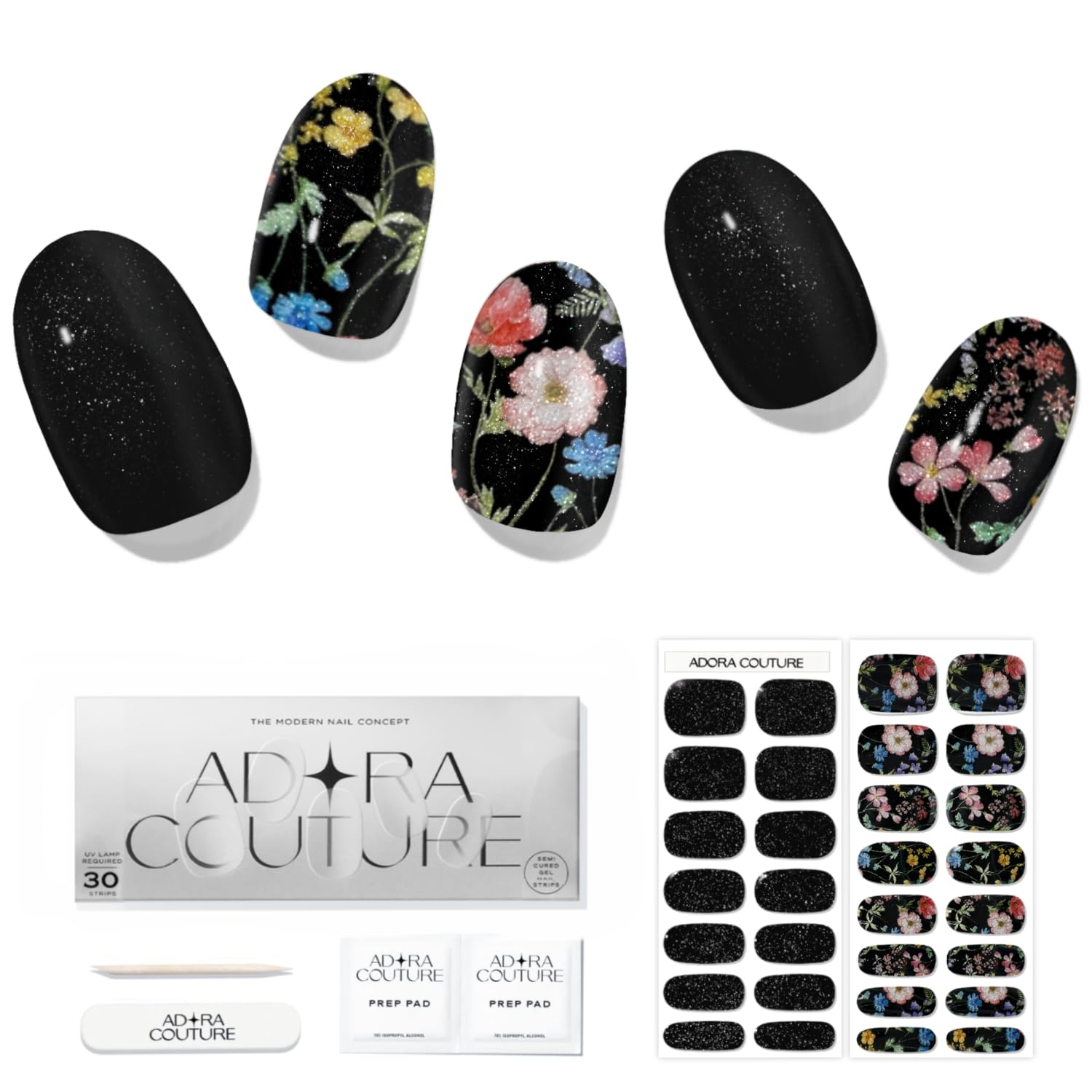 Adora Couture Semi Cured Gel Nail Strips | 30pcs Glitter Velvet Colorful Flowers Black Glitter Glaze Nail Strips | Gel Nail Stickers with UV Light Required (Night Garden)