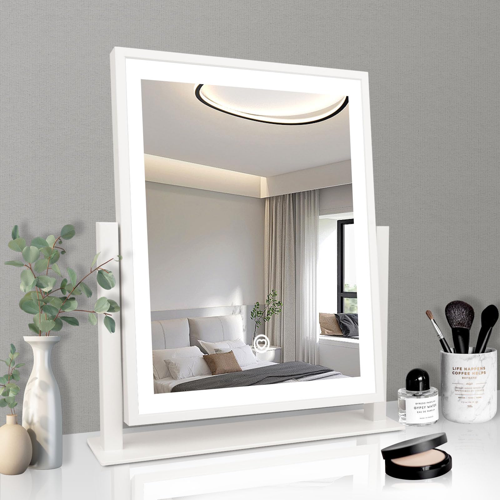 Beelux Gifts for Women Makeup Mirror with Lights 16in Classic White Tabletop Mount Home Mirror with Dimmable LED Lights Thanksgiving Wedding Birthday Gift Touch Control, and 360 Rotation