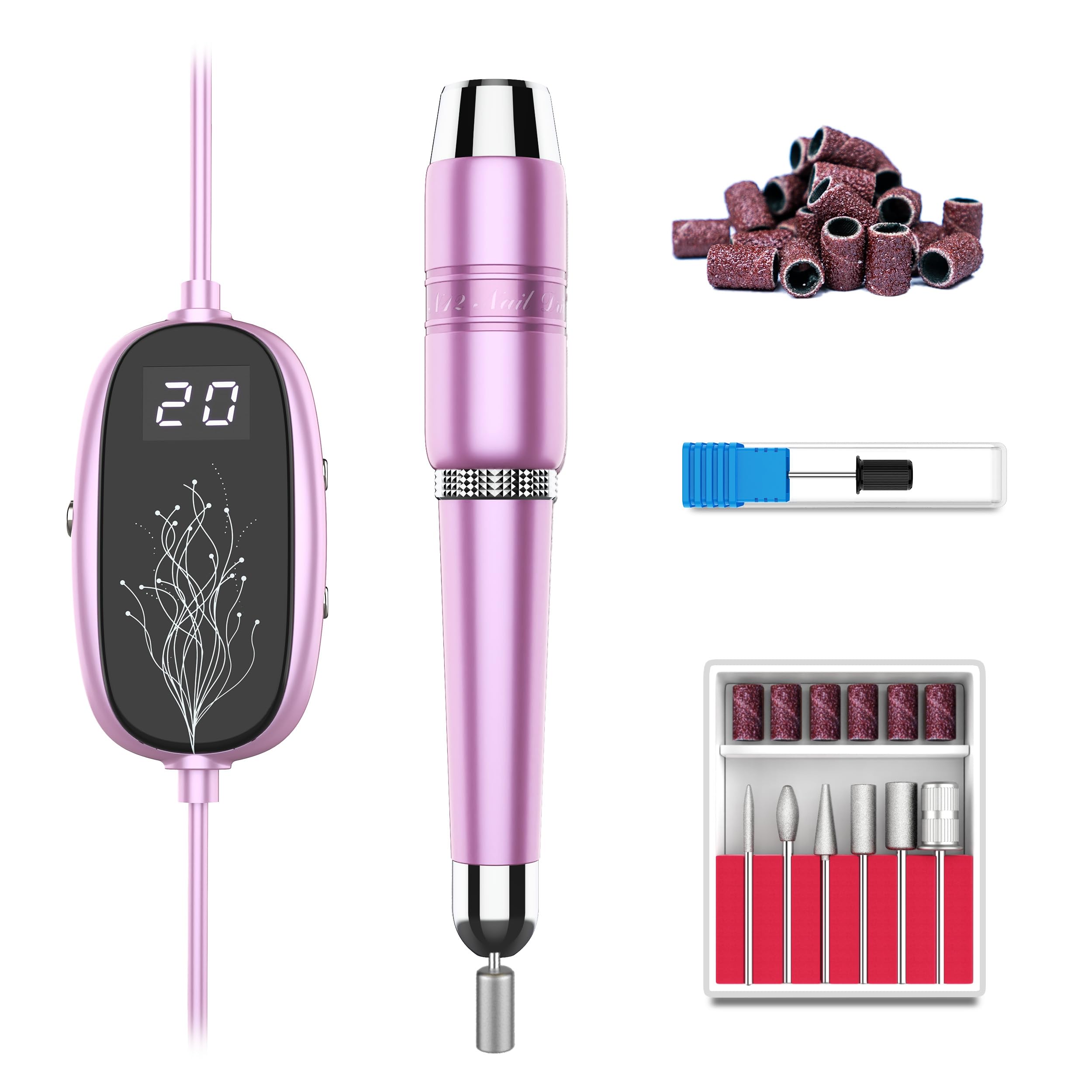 Electric Nail Drill, Electric Nail File for Acrylic Nails Professional Gel Nail Kit Portable Efile Nail Drill with LED Display, Nail Drill Machine Manicure Pedicure Tool Nail Kit for Beginners Pink