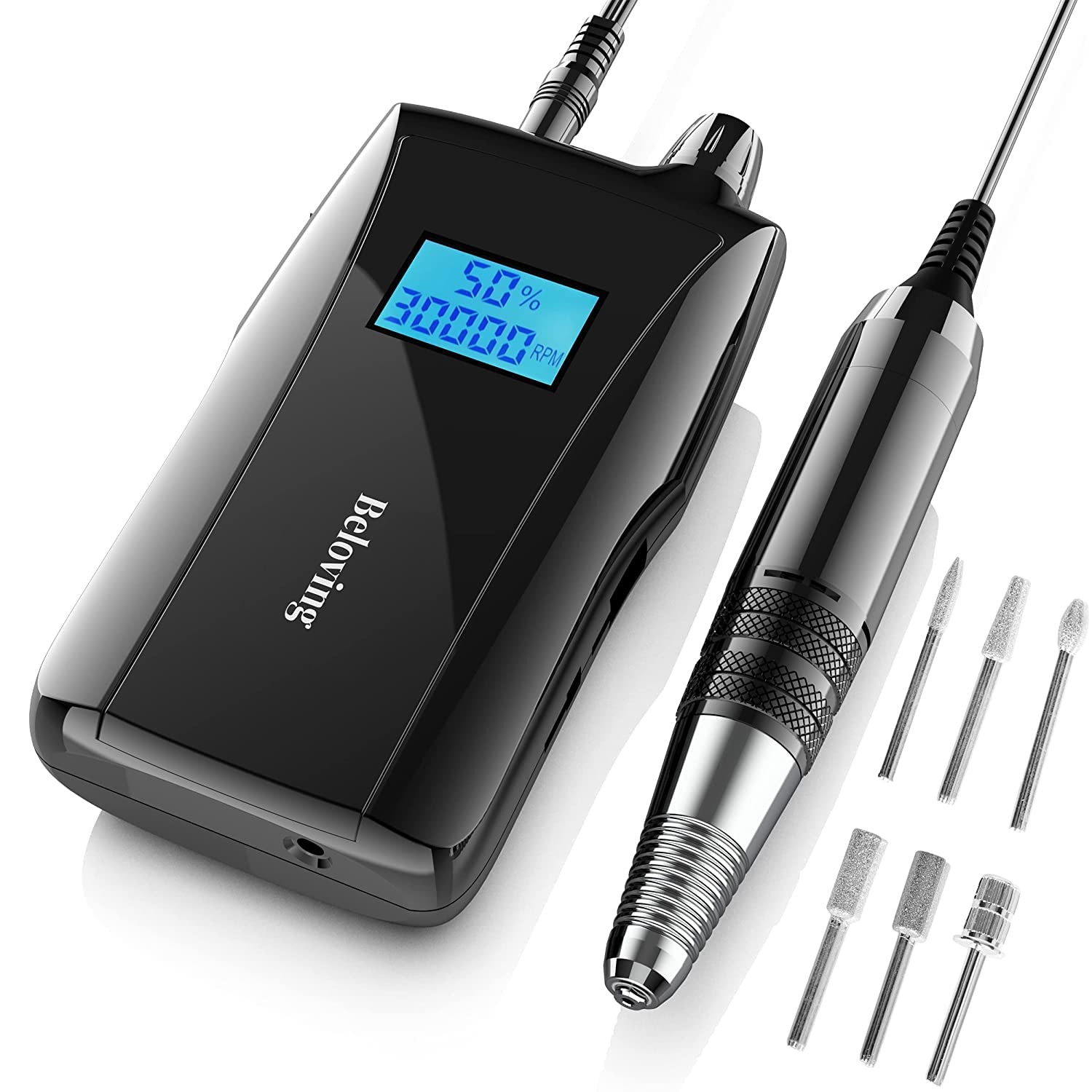 Beloving Portable Nail Drill Machine,30000RPM Rechargeable Electric Nail File Professional with Speed Display,Sanding Bands and Bits,Efile for Acrylic Dip Gel Nails Manicure Pedicure Home Salon Use