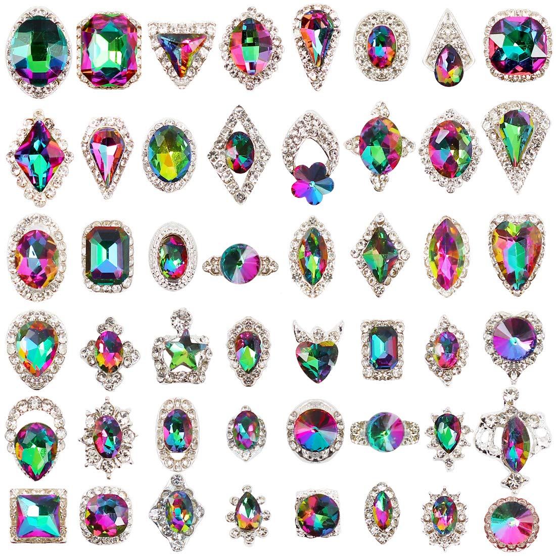 GA&EN 48pcs Big Mix Sizes Different Shape Colorful AB Iridescent 3D Crystals Diamonds Large Rhinestones Bow Silver Metal Charms Gems Stones for Nail Art Beauty Design Decoration Craft Jewelry DIY