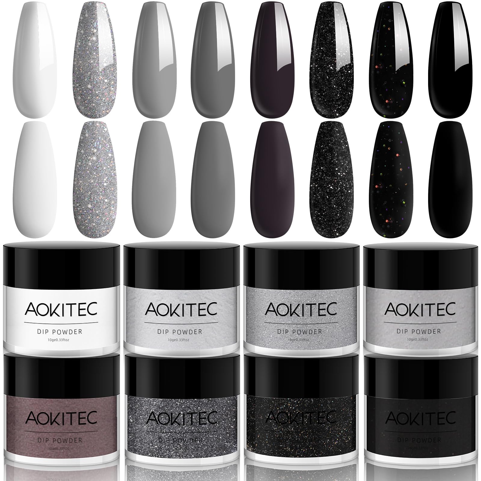 Aokitec 8 Colors Dip Powder Nail Set, Gray Classic White Black Collection Glitter Pastel Dipping Powder Manicure Starter Kit Nails French Nail Art Salon Home DIY Ideal Gifts for Women