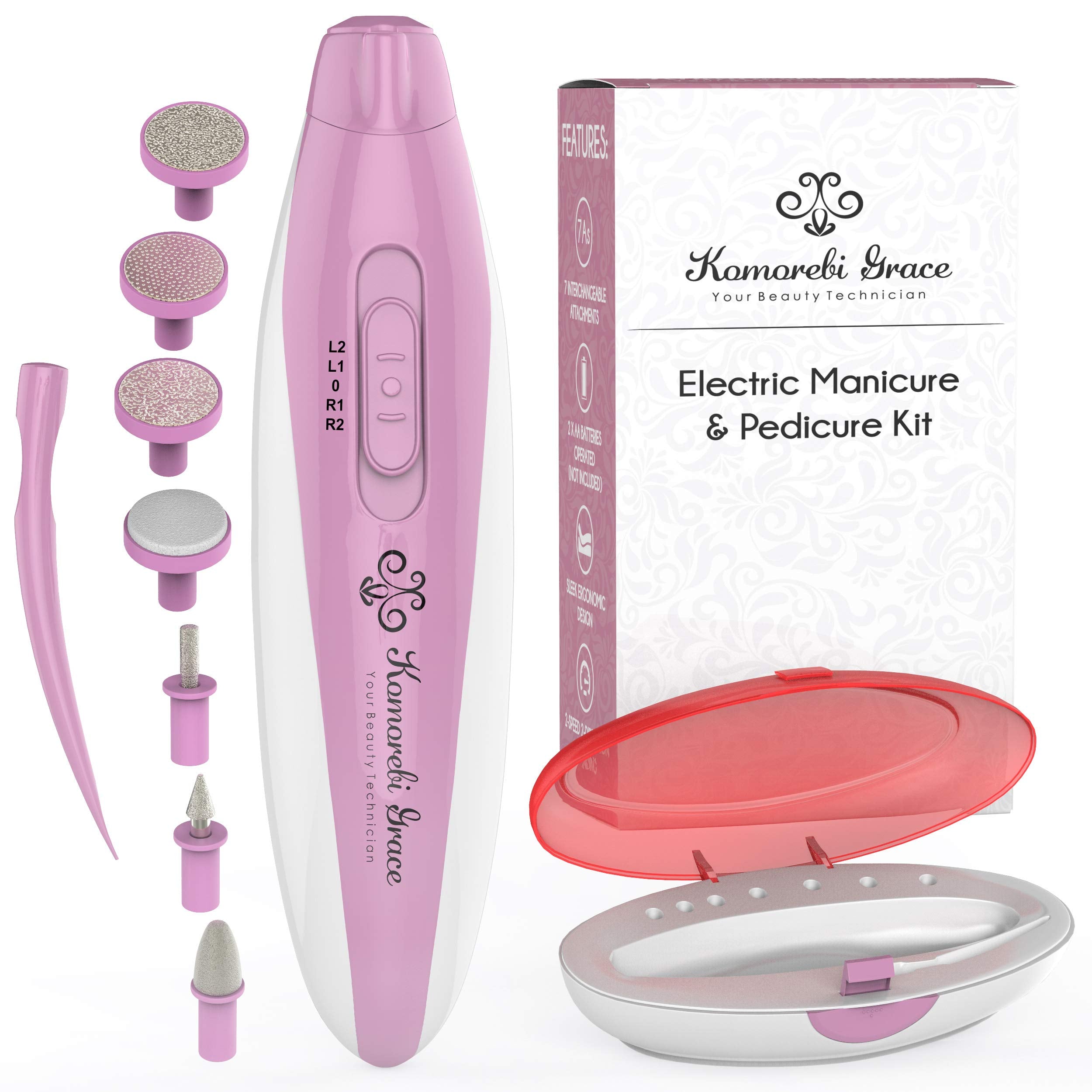 Electric Nail File Manicure & Pedicure Set: 2-Speed Battery Operated Nail File Kit w Portable Nail Drill Grinder, Buffer, Shaper, Polisher and Cuticle Pusher for Natural Finger Nails & Toe Nails Care