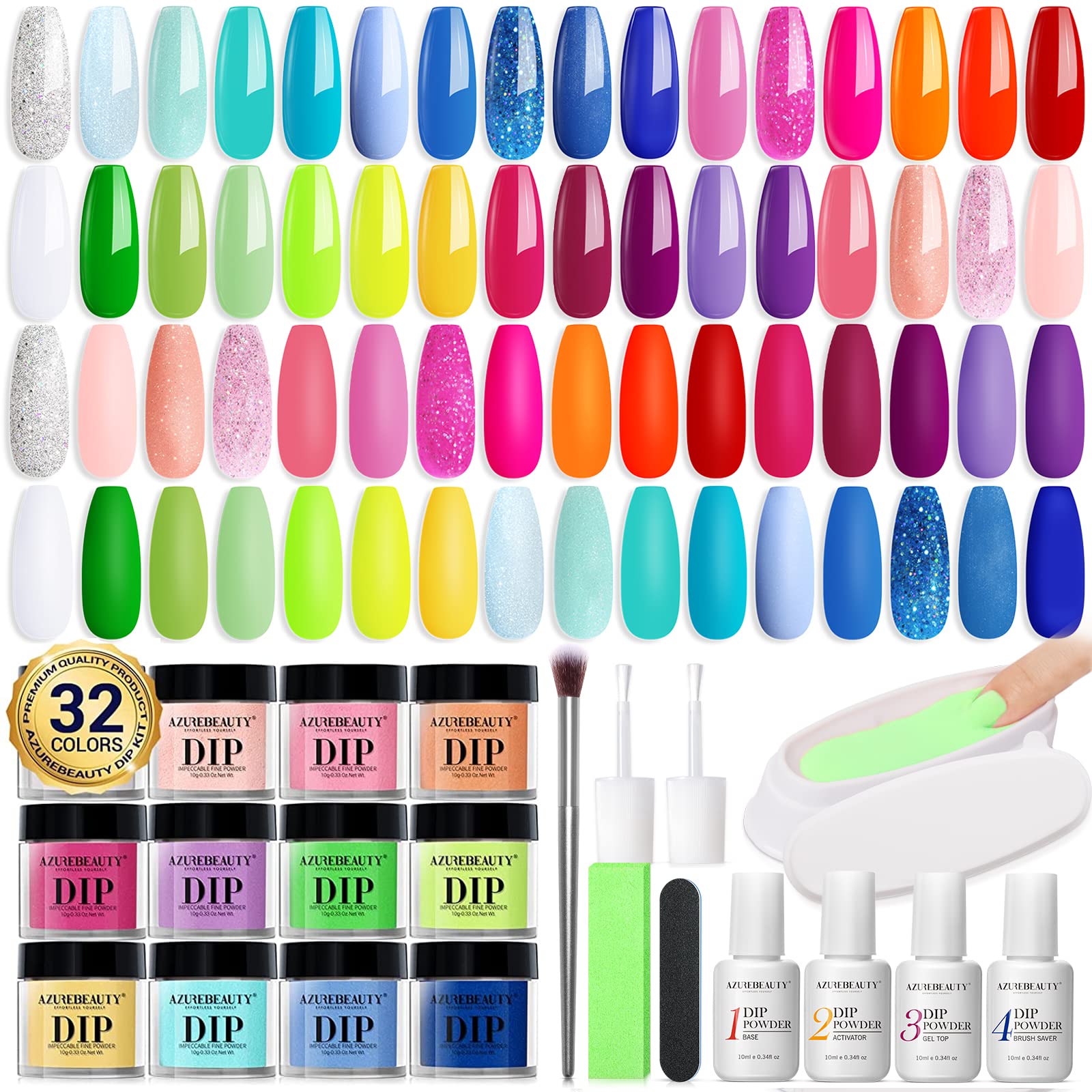 42 Pcs Dip Powder Nail Kit, AZUREBEAUTY Spring Summer Bright Pastel Neon Color Dip Nails Powder Starter Kit, Pink Yellow Purple Mint Green Color Dip System with Essential Liquid and Dip Recycling Tray for Nail Maniure Mothers Day Gift