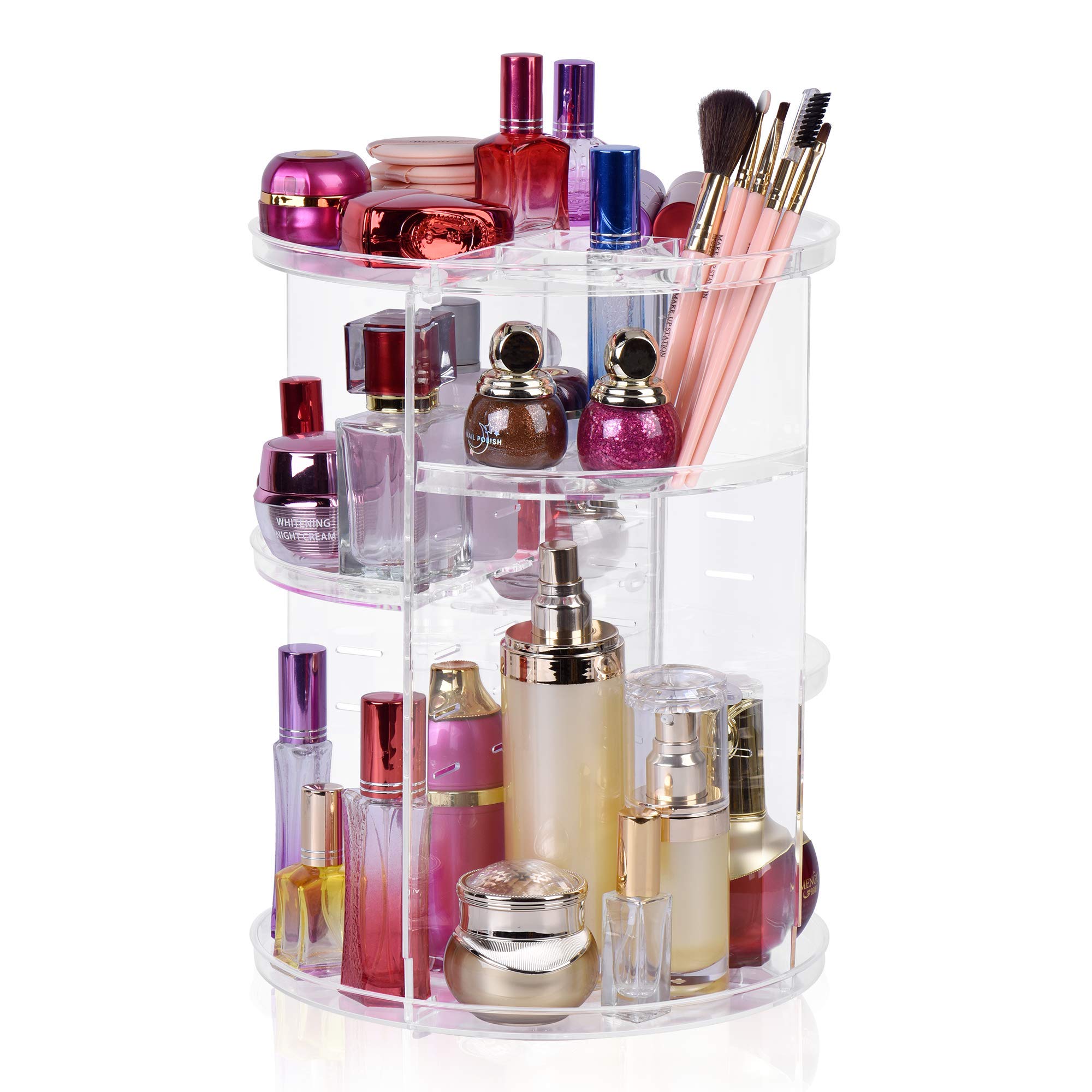 Easyhouse 360° Rotating Makeup Organizer, Adjustable Multi-Function Cosmetic Storage Organizer, Large Capacity Jewelry Perfumes Display Stand Box (Clear)