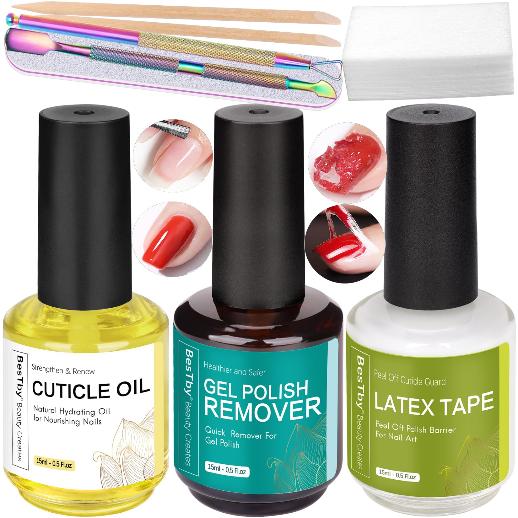 BesTby Gel Nail Polish Remover - Gel Polish Remover Easily and Work Fast, Gel Nail Remover Kit No Soaking or Wrapping Remove Gel Polish, Nail Cuticle Oil and Latex Tape for Nails