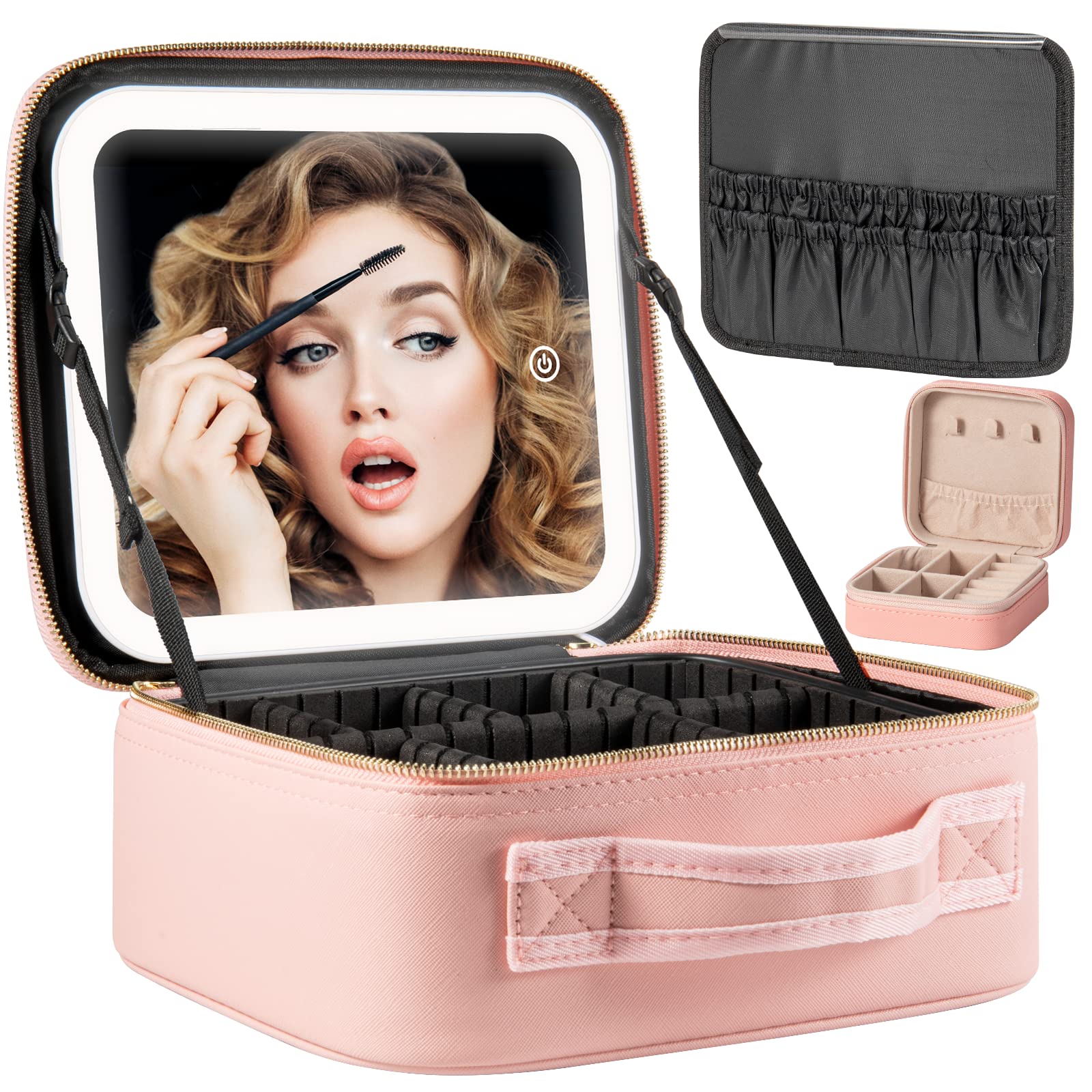 Extrei Gent Makeup Travel Train Case with Mirror LED Light 3 Adjustable Brightness Cosmetic Bag Portable Storage Adjustable Partition Waterproof Makeup Brushes Makeup Jewelry Gift for Women