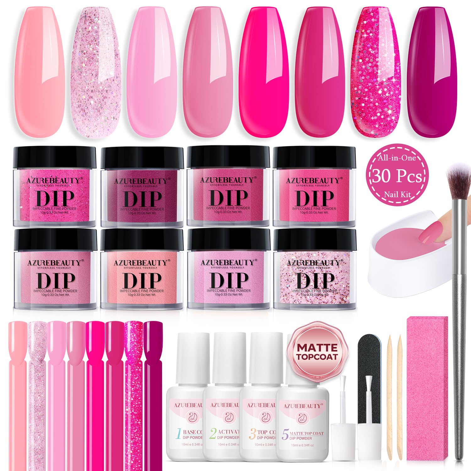 AZUREBEAUTY Dip Powder Nail Starter Kit with Matte Coat, 8 Hot Pink Glitter Spring Dip Powder Color, Dipping Powder Liquid Set with Base/Top Coat/ Activator/10 Nail Swatch Sticks Valentine's Day Gift