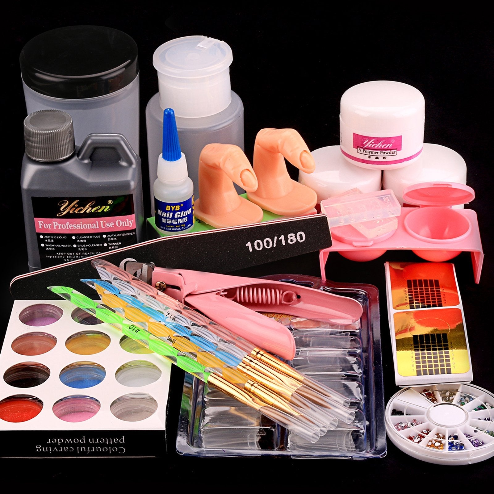 Acrylic Nail Kit Nail Full Set kit, Acrylic Liquid Powder- Glitter with Carving Powder Set, Professional Acrylic Nail Brush Kit, Complete Practice Hand Acrylic Nails,French Nail Tips Pump File Tools