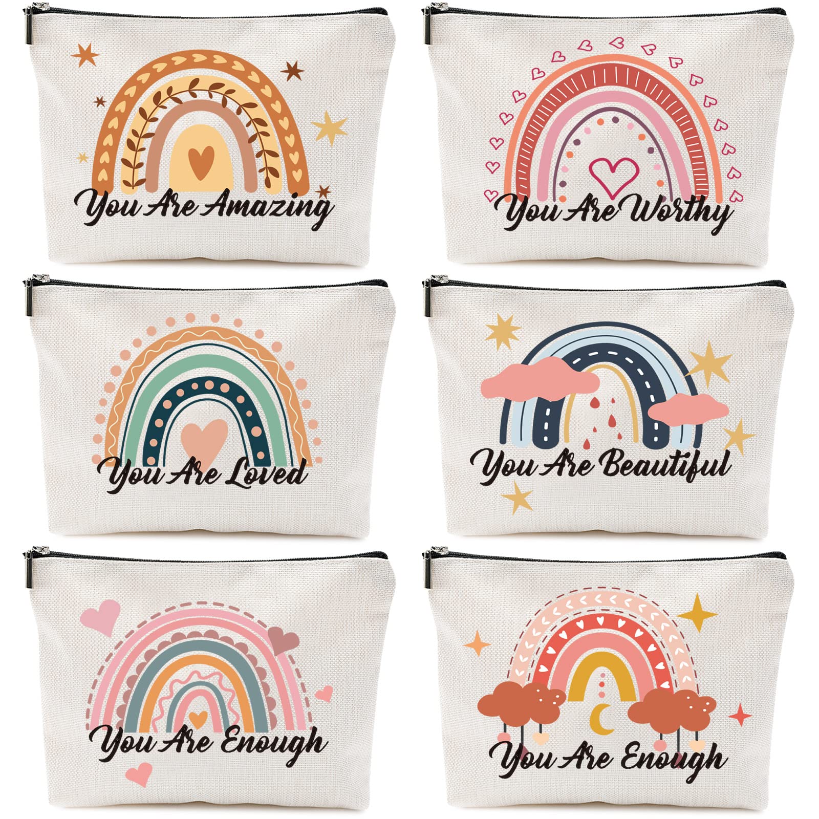 CHENGU 6 Pcs Canvas Rainbow Heart Cosmetic Bags, Inspirational Gifts for Women, Believe in Yourself Motivational Quotes Makeup Bag for Women Birthday Friend Teacher Graduation New Year Party(Sweet)