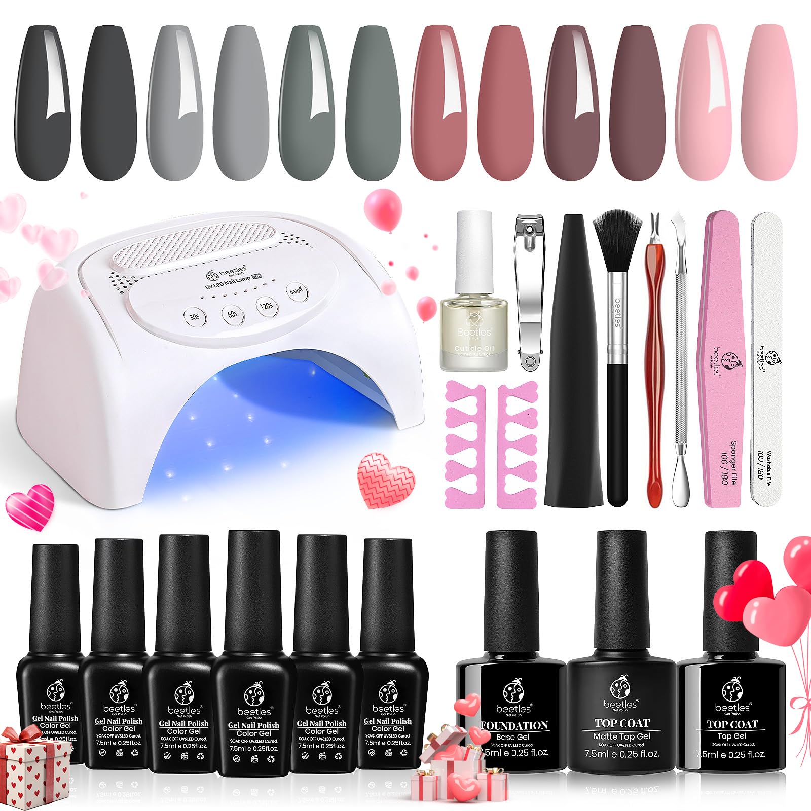 Beetles Gel Nail Polish Kit with Uv Light 48W Led Nail Lamp 6 Colors Nude Gray Pink Gel Polish Starter Kit Manicure Soak off Led Salon DIY Home Nail Decoration